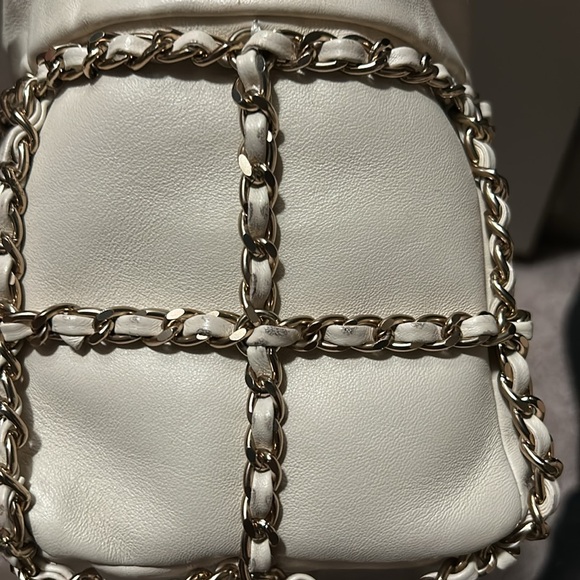Lambskin Bucket Chain Drawstring Bag Beige - Picture 6 of 7